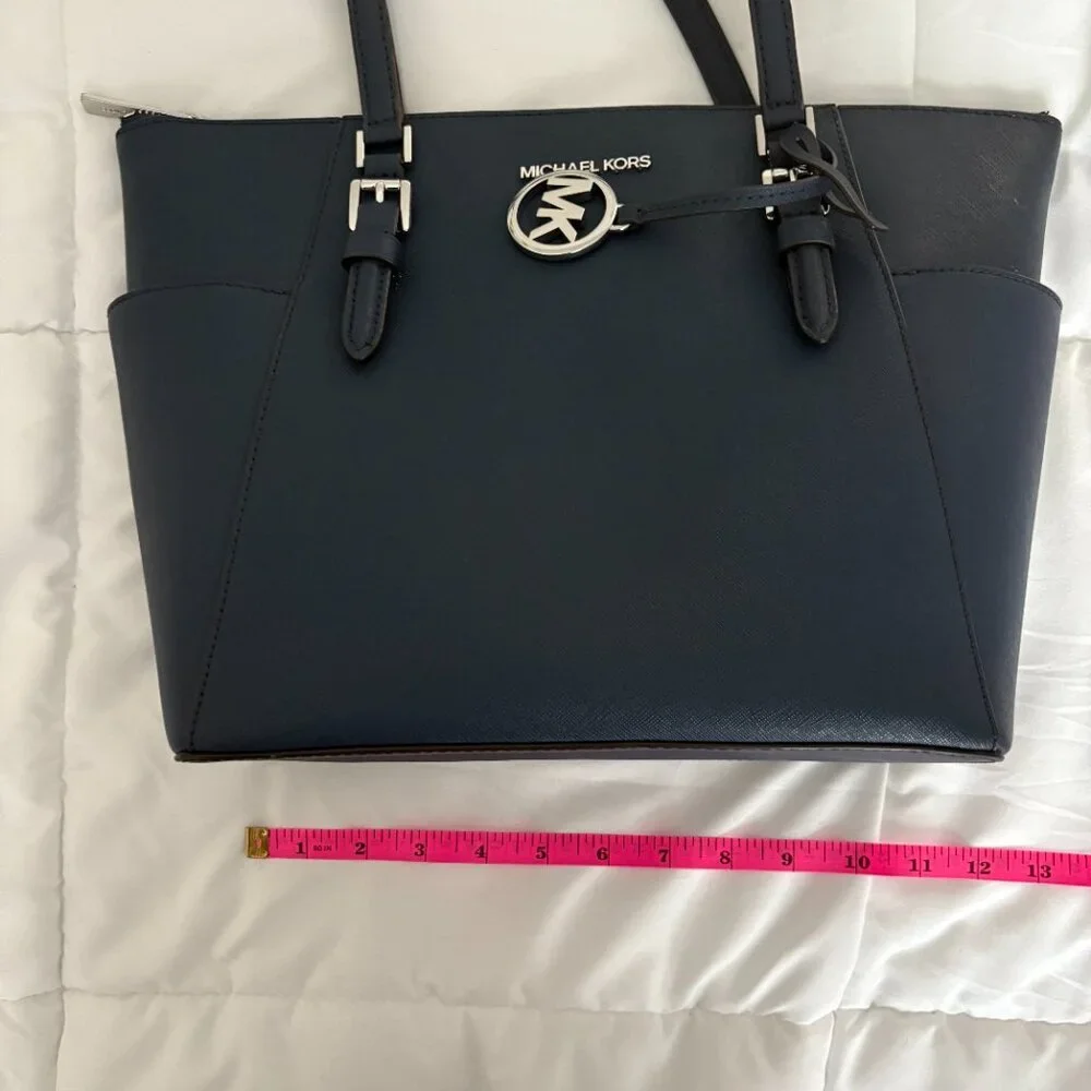 Michael Kors Charlotte Medium Tote Navy Saffiano Leather Top Zipper Travel Chic